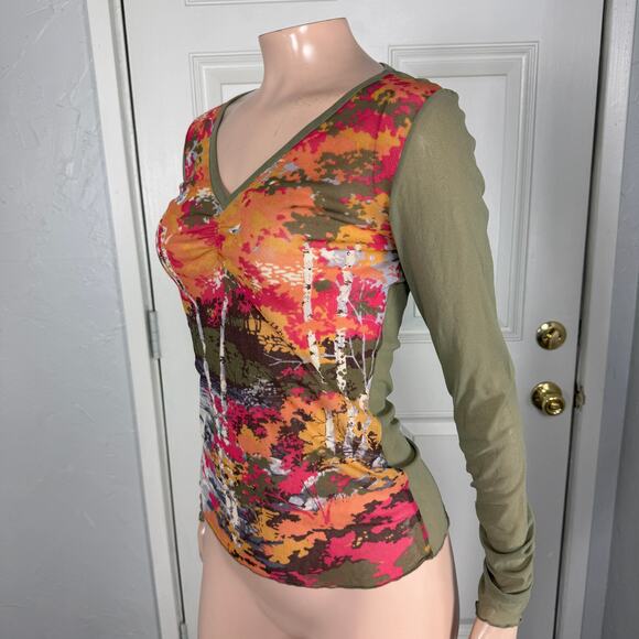 Vintage y2K DKNY Women's Shirt Small Long sleeve Floral Printed V neck Sheer QQ2 - Picture 2 of 5